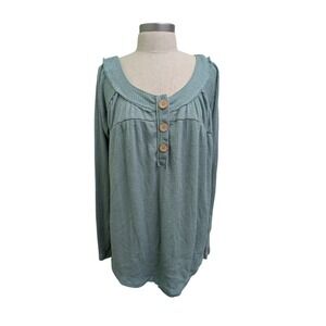 Free People We The Free Pullover Henley Top Green Waffle Knit Long Sleeve Small